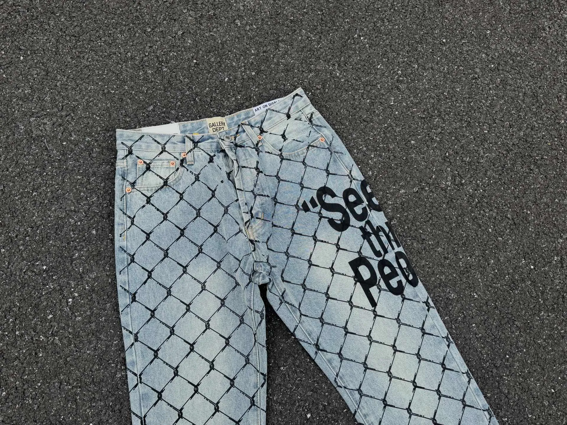 P240💰G786 GALLERY DEPT. Steel mesh letter printed slim jeans jeans casual group trendy American slim men's and women's trousers Color: blue Size: S-XXL (corresponding to 28-36)